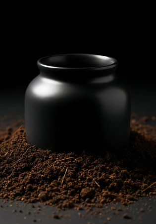 Matte black ceramic jar submerged in damp dark soil, high resolution macro shot.の写真素材