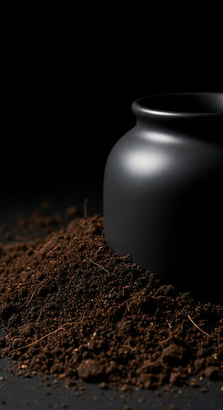 Matte black ceramic jar submerged in damp dark soil, high resolution macro shot.