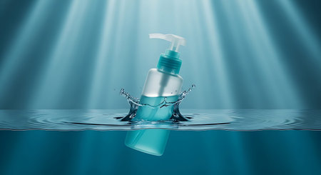 Aqua-blue pump bottle emerges from still mineral water with light rays.