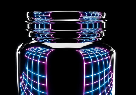 Futuristic chrome jar, cyberpunk neon reflections, 3D visualization.の写真素材