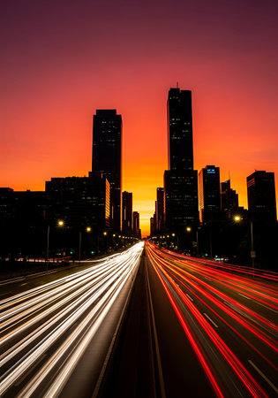 Dynamic city traffic trails during saturated vermillion sunrise.