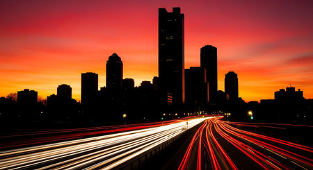 Dynamic city traffic trails during saturated vermillion sunrise.