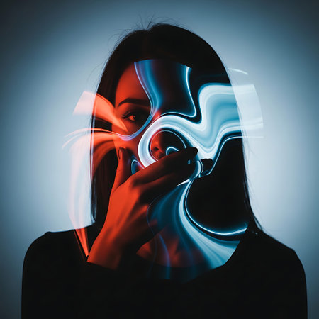 Abstract silhouette of young woman hiding secret thought, high contrast design.