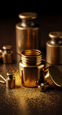 Spa still life with gold and brass weights on a dark background