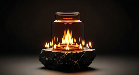Candle burning in a glass jar on a black background.の写真素材