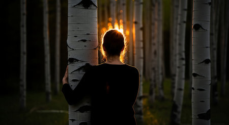 Intense orange rim light silhouettes woman embracing smooth Aspen bark.