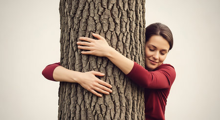 Serene Young Woman Peacefully Embracing Ash Tree, Drawing Natural Strength.