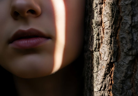 Young Woman's Warm Cheek Pressed Against Rough Tree Bark Texture Detail.