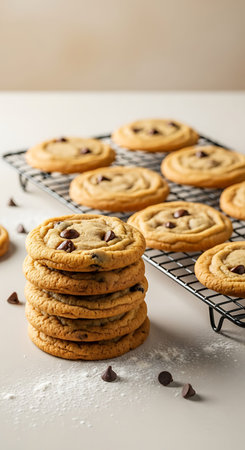 Fresh homemade baked cookies stacked beside cooling rack on kitchen counter.