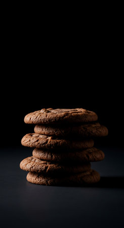 Isolated dark brown cookie stack, moody rim light food photography.