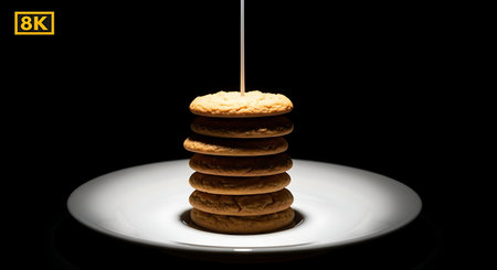 Cinematic narrow beam lighting highlights peak of gourmet cookie stack food photography.