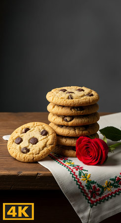 Delicious homemade cookies on antique table with rose and linen.