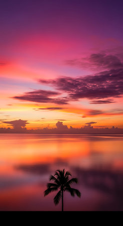 Vivid HDR tropical beach sunset reflection with silhouetted palm tree.