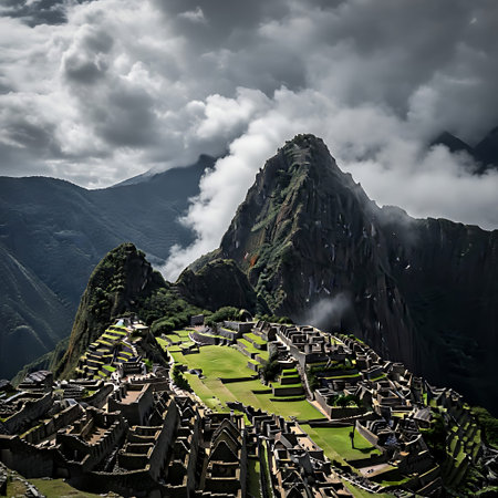 Iconic Machu Picchu ruins dramatically captured beneath powerful monsoon storm clouds.