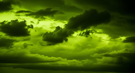 Dramatic yellow-green sky before severe storm and turbulent hail.の写真素材