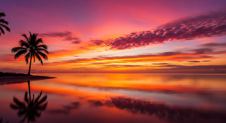 Vivid HDR tropical beach sunset reflection with silhouetted palm tree.