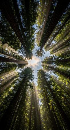 Vertical perspective through dense redwood forest canopy with dappled sunlight.