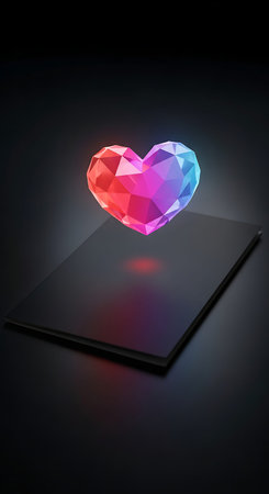 Digital 3D render of a futuristic holographic low-poly Valentine's heart.