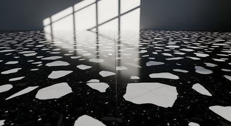 High-contrast black Terrazzo floor reflecting distorted sunlit architectural window frame.