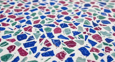 Ultra-Macro Polished Terrazzo Texture: Blue, Magenta, Green Marble Shards.
