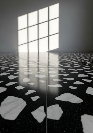 High-contrast black Terrazzo floor reflecting distorted sunlit architectural window frame.