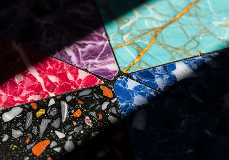 Luxurious Black Terrazzo Texture with Specular Jewel-Toned Marble Chips.