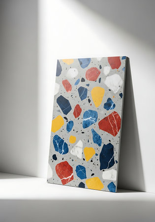 Abstract Composition: Oversized Primary-Colored Terrazzo Tile Sample Against White Wall.