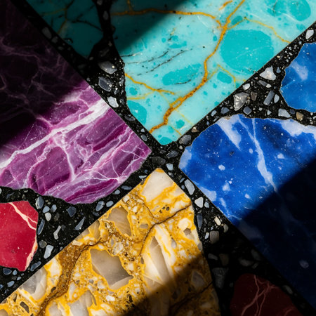 Luxurious Black Terrazzo Texture with Specular Jewel-Toned Marble Chips.