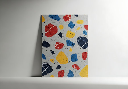 Abstract Composition: Oversized Primary-Colored Terrazzo Tile Sample Against White Wall.