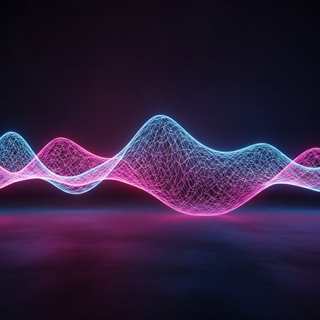 Abstract neon glowing plasma wave on dark charcoal texture background.