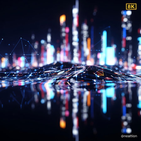 Abstract Futuristic Neon City Reflection on Dark Liquid Surface.