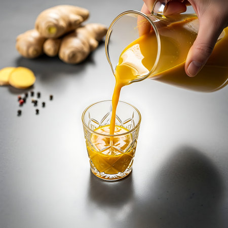 Vibrant Golden Turmeric-Ginger Elixir Pouring into Etched Glass Counter.