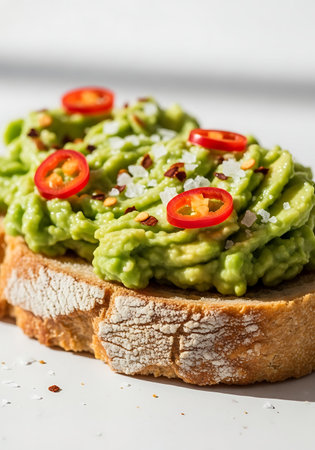 Artisanal Sourdough Toast Topped with Creamy Avocado, Chili Flakes, and Salt.