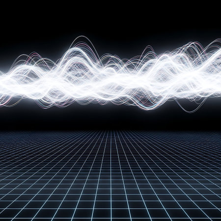 Sci-fi holographic wave above abstract receding digital grid environment.
