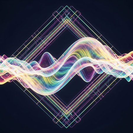 Fantastic rainbow fluid wave background with neon wireframe geometry.