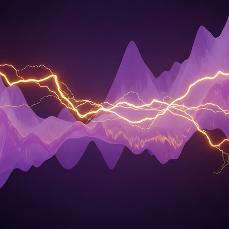 Abstract pulsating violet liquid energy cascade with chaotic gold neon bolts.