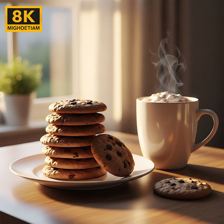 Warm, inviting scene of chocolate chip cookies and steaming hot cocoa.