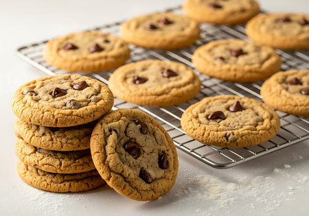 Fresh homemade baked cookies stacked beside cooling rack on kitchen counter.