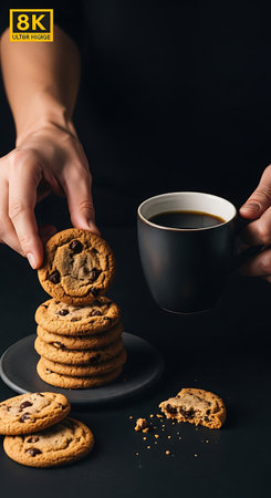 Adult hands enjoying warm cookies and sophisticated black coffee break.