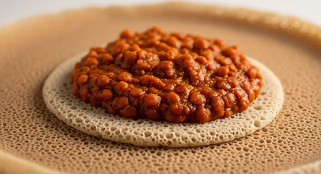 Spicy Ethiopian Misir Wot lentil stew artfully plated on porous Injera.