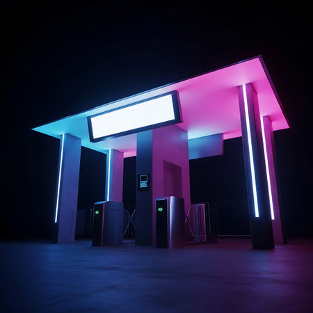 Minimal tech 3D render: LED entrance gate, blue-magenta volumetric lighting, futuristic.