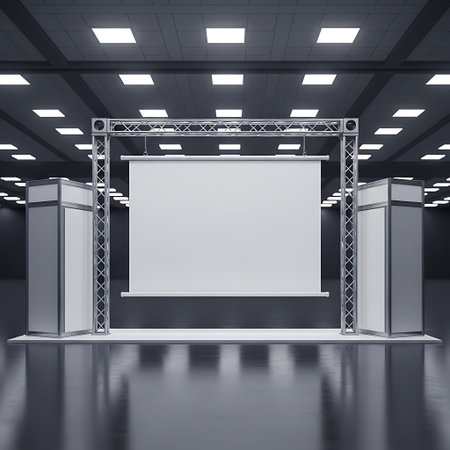 Professional 3D render of convention hall entrance stand, empty banner, realistic.