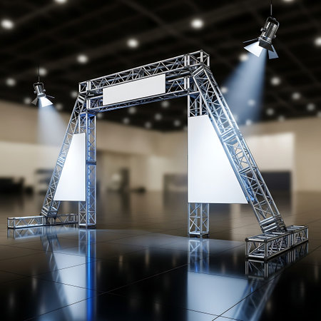 Dynamic 3D car exhibition entrance, blank signage, glossy floor, lights.