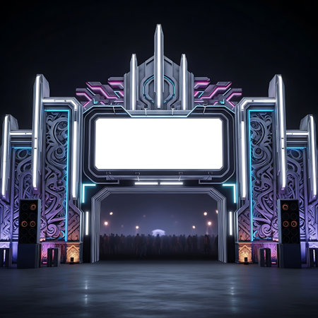 Panoramic 3D render of festival entry portal, empty billboard, blurred crowd.の写真素材
