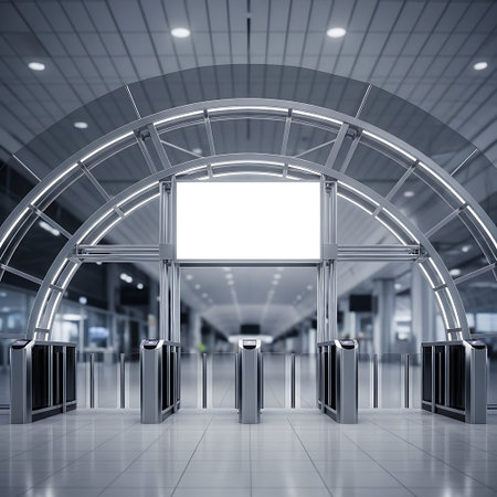 Ultra-realistic 3D visualization: airport-style event entrance gate, blank signage.