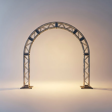 Empty product launch archway with scaffolding, illuminated by golden sunset light.