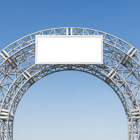 Empty exhibition entrance arch with plain white signage and metal truss construction.の写真素材