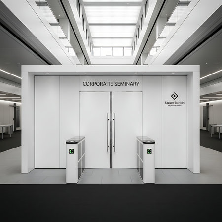 Modern corporate seminar entrance with a clean white panel backdrop, symmetrical framing.