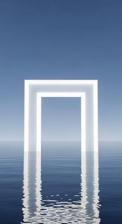 Entrance to the sea, reflected in water, 3d renderの写真素材
