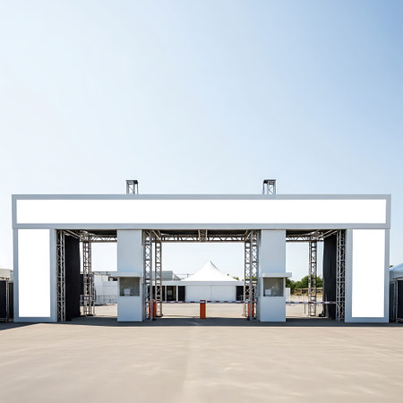 Large, blank event entrance gate structure, modern outdoor venue, minimalist design.